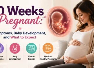 10 weeks pregnant woman with baby development illustration showing pregnancy symptoms and what to expect.