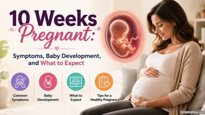 10 weeks pregnant woman with baby development illustration showing pregnancy symptoms and what to expect.