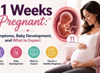 11 weeks pregnant woman with fetal development illustration showing early pregnancy symptoms and baby growth.