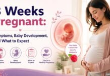 8 weeks pregnant baby development and pregnancy symptoms illustration