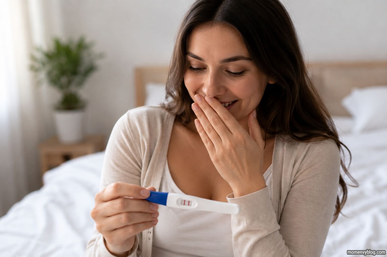 Woman holding a positive pregnancy test at 8 weeks in a bright bedroom