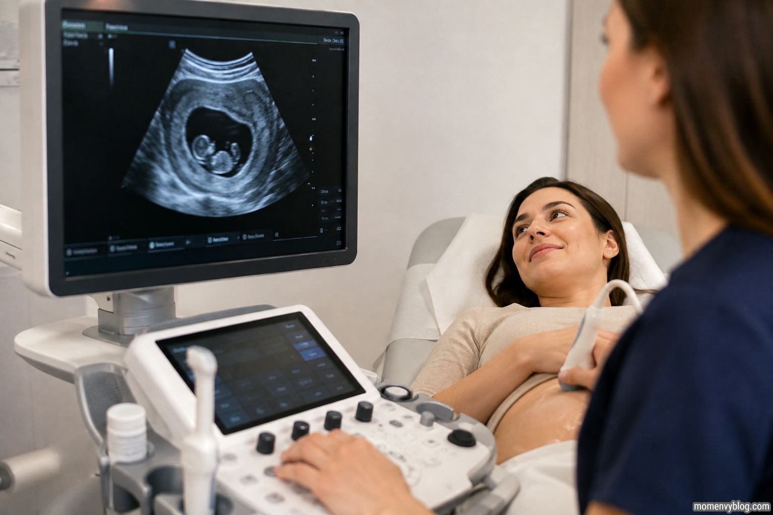 Pregnant woman viewing her 8-week baby during an ultrasound scan at a medical clinic