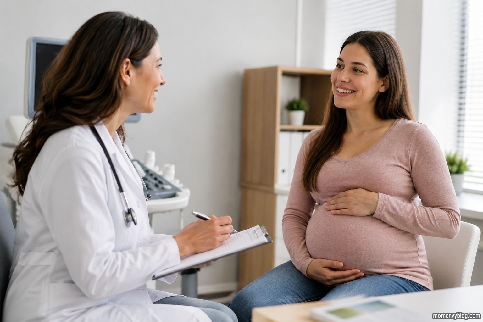 Pregnant woman meeting with her doctor during her first prenatal appointment