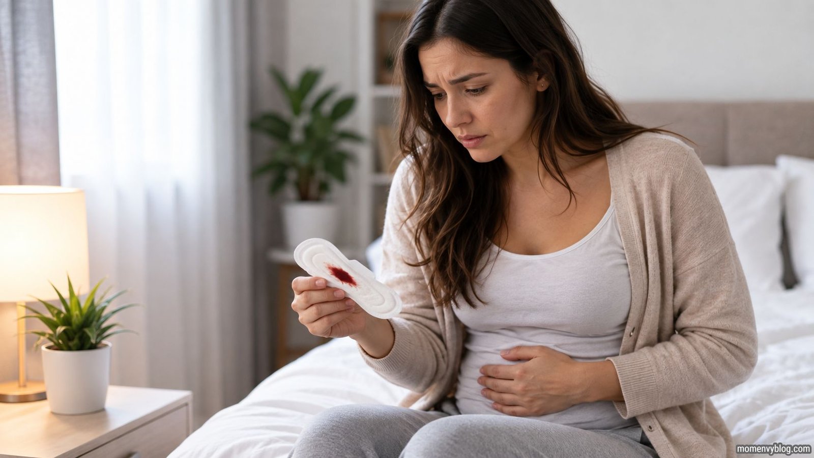 Concerned pregnant woman noticing light bleeding at 8 weeks of pregnancy