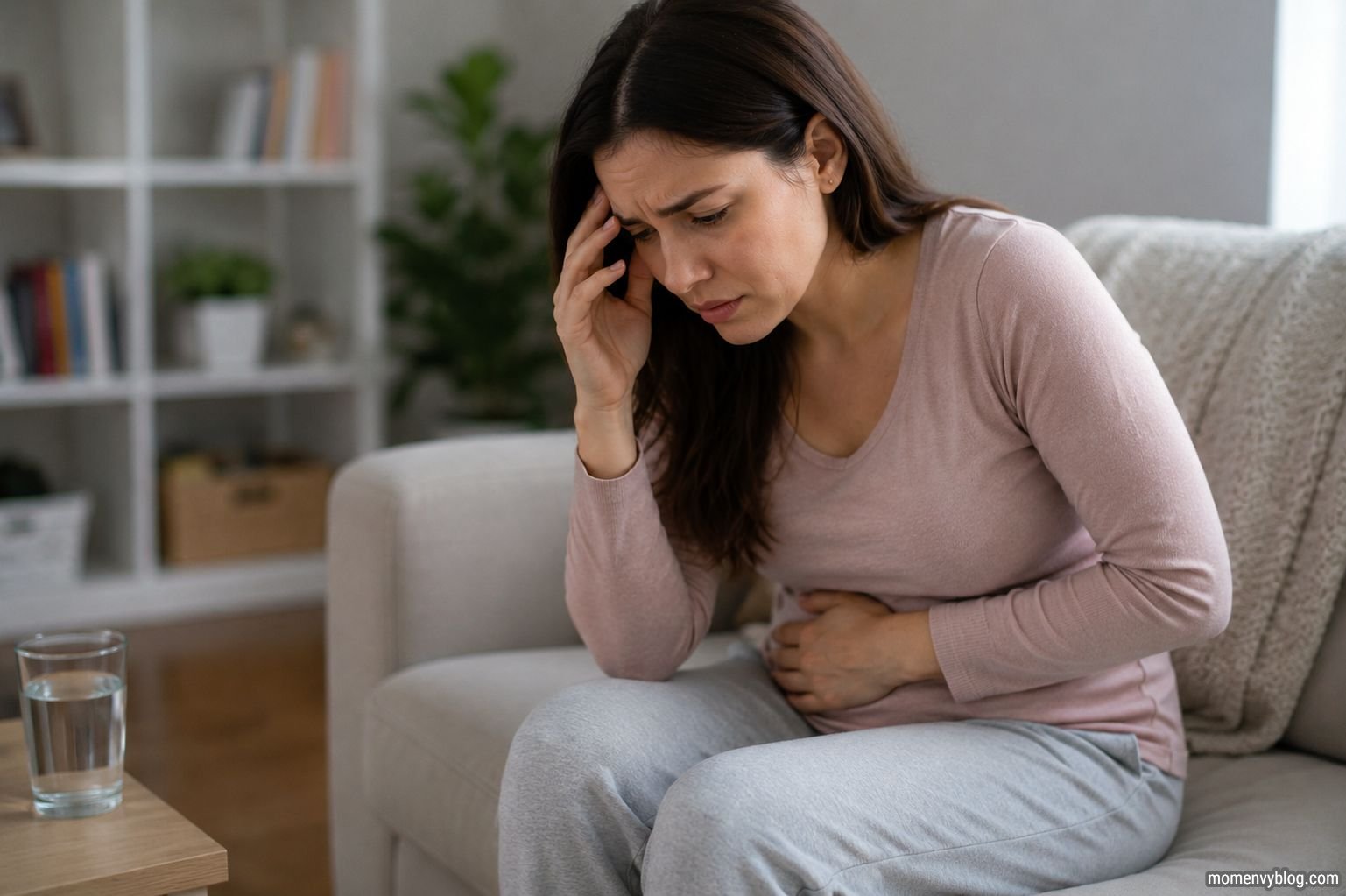 Pregnant woman experiencing severe abdominal pain as a possible sign of an ectopic pregnancy at 8 weeks