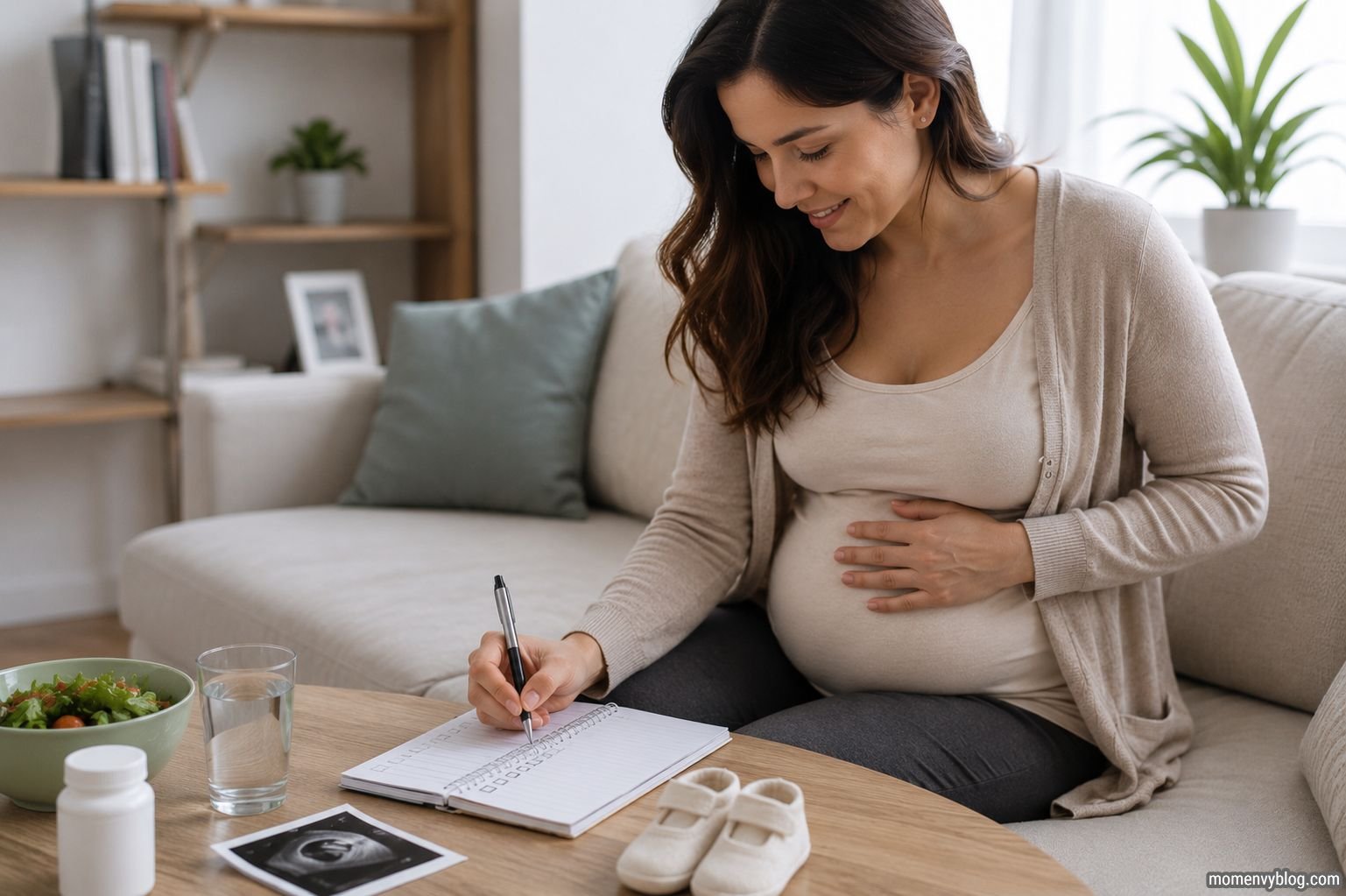 Pregnant woman preparing an 8-week pregnancy checklist at home
