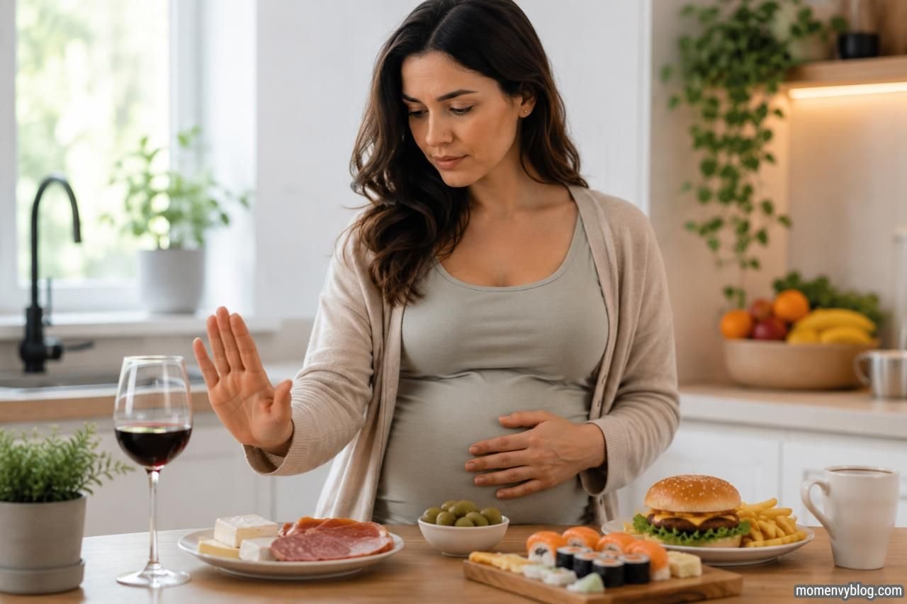 Pregnant woman avoiding unsafe foods and alcohol during the 8th week of pregnancy