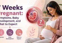 7 Weeks Pregnant: Symptoms, Baby Development, and What to Expect 7 Weeks Pregnant: Symptoms, Baby Development, and What to Expect – illustrated embryo at 7 weeks alongside a smiling pregnant woman.