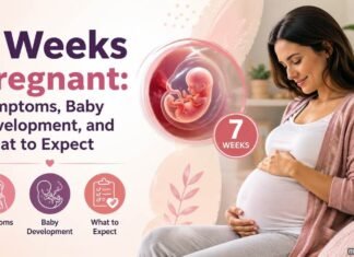 7 Weeks Pregnant: Symptoms, Baby Development, and What to Expect 7 Weeks Pregnant: Symptoms, Baby Development, and What to Expect – illustrated embryo at 7 weeks alongside a smiling pregnant woman.