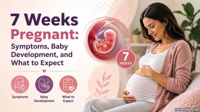 7 Weeks Pregnant: Symptoms, Baby Development, and What to Expect – illustrated embryo at 7 weeks alongside a smiling pregnant woman.