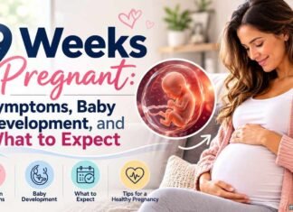9 weeks pregnant woman holding her baby bump with a fetal development illustration representing pregnancy symptoms, baby development, and what to expect.