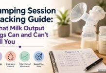Pumping session tracking guide with breast pump, milk bottles, and output log.