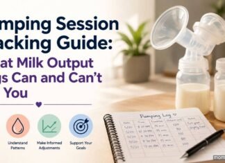 Pumping session tracking guide with breast pump, milk bottles, and output log.