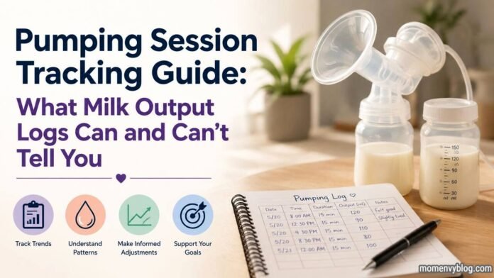 Pumping session tracking guide with breast pump, milk bottles, and output log.