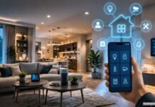 Smart home technology app controlling connected devices in a modern living room.