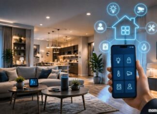 Smart home technology app controlling connected devices in a modern living room.