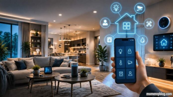 Smart home technology app controlling connected devices in a modern living room.