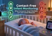 Contact-Free Infant Monitoring: What Consumer Smart Monitors Can and Cannot Measure Sleeping infant in a crib with a contact-free smart monitor tracking breathing, heart rate, sleep, and movement.
