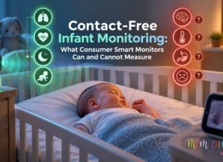 Contact-Free Infant Monitoring: What Consumer Smart Monitors Can and Cannot Measure Sleeping infant in a crib with a contact-free smart monitor tracking breathing, heart rate, sleep, and movement.