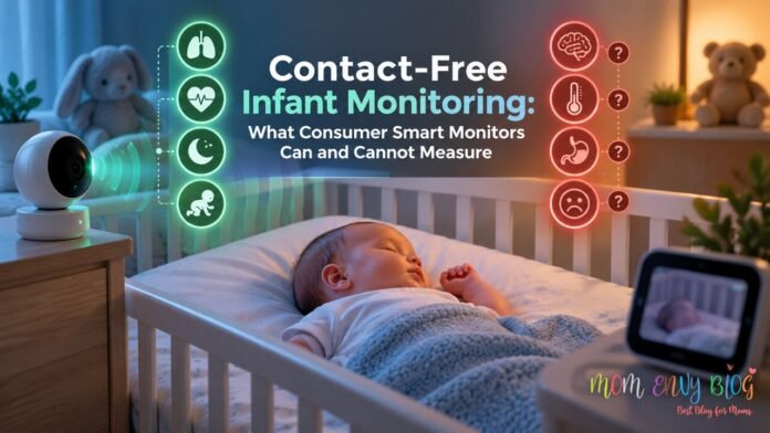 Sleeping infant in a crib with a contact-free smart monitor tracking breathing, heart rate, sleep, and movement.