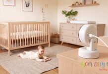 Contact-Free Infant Monitoring: What Consumer Smart Monitors Can and Cannot Measure Baby lying on a nursery rug near a crib and contact-free baby monitor, with the Mom Envy Blog logo in the bottom-right corner.