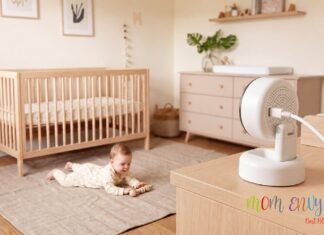 Contact-Free Infant Monitoring: What Consumer Smart Monitors Can and Cannot Measure Baby lying on a nursery rug near a crib and contact-free baby monitor, with the Mom Envy Blog logo in the bottom-right corner.