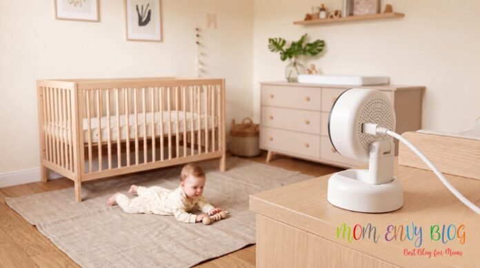 Contact-Free Infant Monitoring Baby lying on a nursery rug near a crib and contact-free baby monitor, with the Mom Envy Blog logo in the bottom-right corner.
