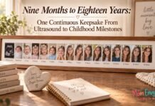 Nine Months to Eighteen Years: One Continuous Keepsake From Ultrasound to Childhood Milestones Childhood milestone keepsake showing an ultrasound, newborn photo, and yearly portraits through age 18