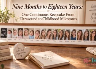 Nine Months to Eighteen Years: One Continuous Keepsake From Ultrasound to Childhood Milestones Childhood milestone keepsake showing an ultrasound, newborn photo, and yearly portraits through age 18