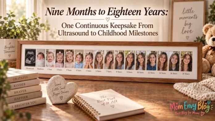 Childhood milestone keepsake showing an ultrasound, newborn photo, and yearly portraits through age 18