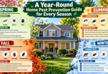 Year-round home pest prevention guide showing seasonal pests and prevention tips for spring, summer, fall, and winter.