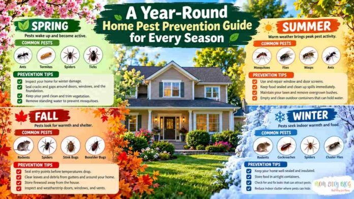 Year-round home pest prevention guide showing seasonal pests and prevention tips for spring, summer, fall, and winter.